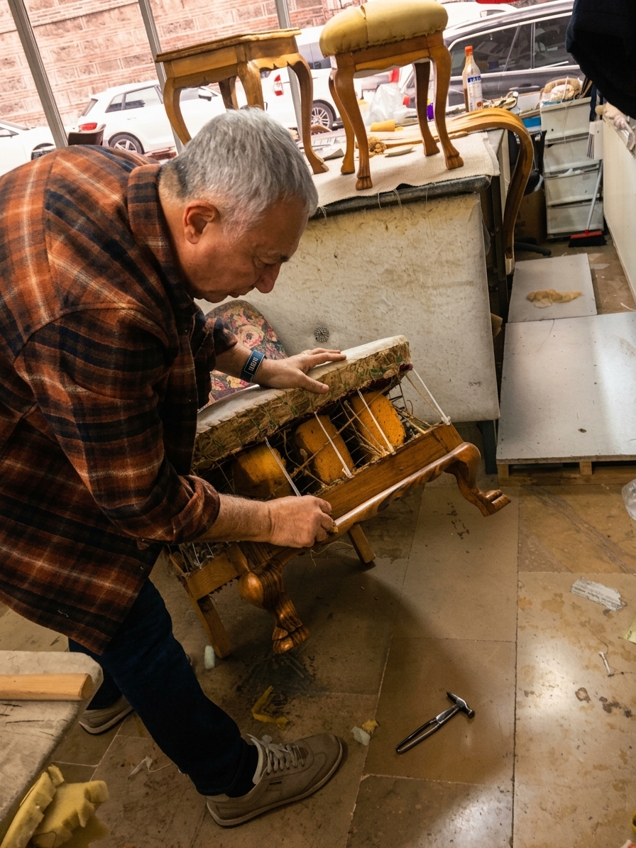 Şükrü Çallı, atölyesinde koltuk döşeme çalışması